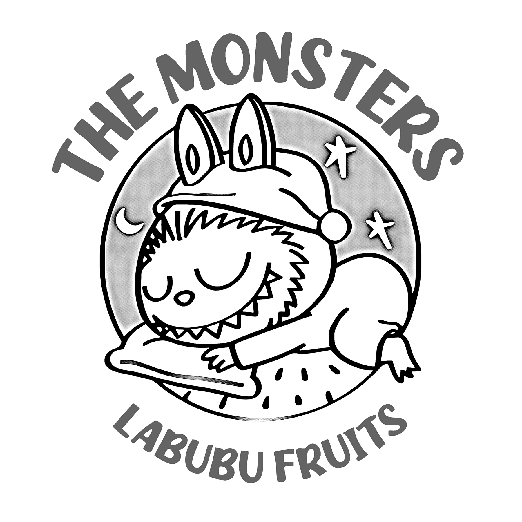 Labubu with fruits framed design, line art for coloring